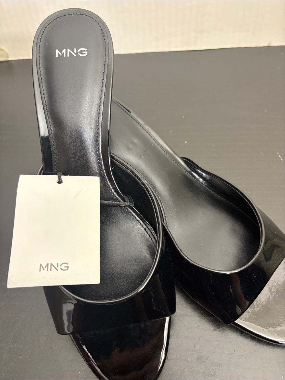 Mango Black Patent Slide Mules KITTEN-HEEL SANDALS WITH STRAP 2940